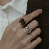 Square Stone Ring (larvikite) 【Silver925】